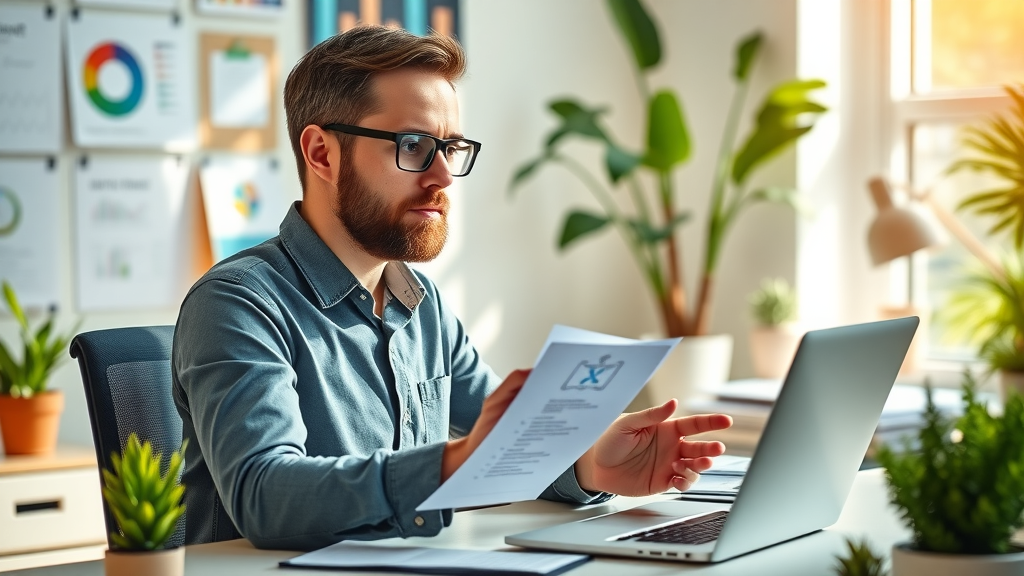 Motivated business owner with checklist, setting up AI agent on laptop in organized, plant-filled office. Theme: ai agent, getting started, workflow efficiency.