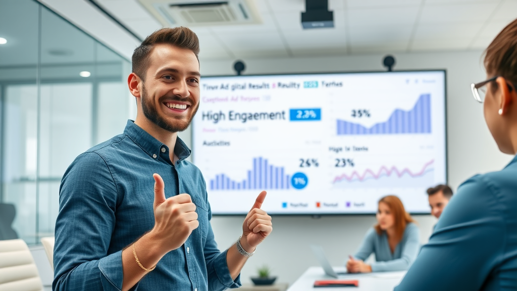 Confident digital marketer showcasing successful Meta ad engagement trends in a meeting