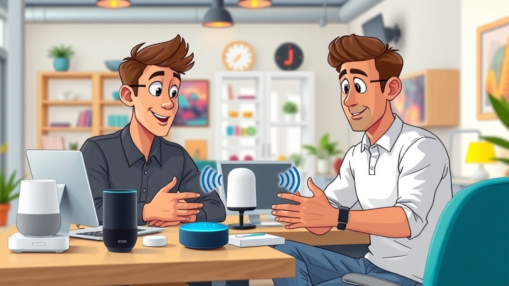 Marketers testing content on multiple smart assistants like Google Home, Alexa, and Siri in a collaborative workspace.