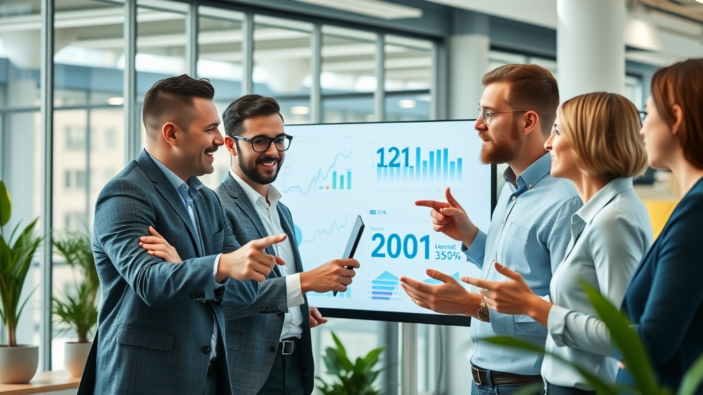 Increase comments on Meta ads with dynamic business team analyzing engagement data on digital screen