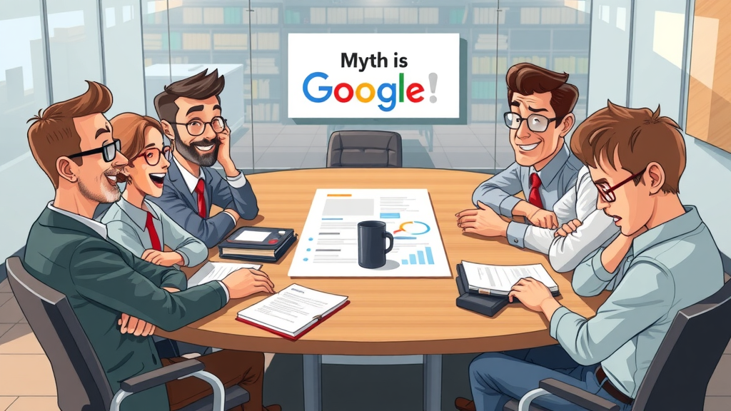 Illustration of marketers discussing myths and facts about google ai mode seo