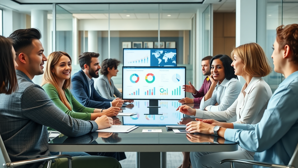 Vibrant business meeting of diverse professionals using AI-powered tools for client growth in a modern office environment.