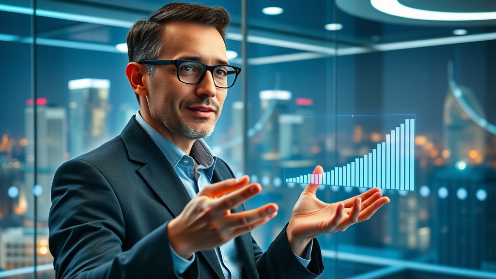 Futuristic digital marketing expert with holographic social trend data pointing to future of social media search
