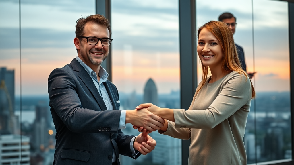Confident entrepreneur shaking hands with satisfied client demonstrating success through building trust in advertising