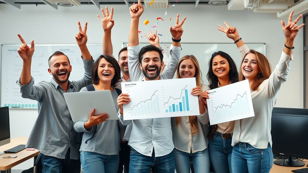 successful SaaS team celebrating breakthrough in lead generation with rising charts and excitement