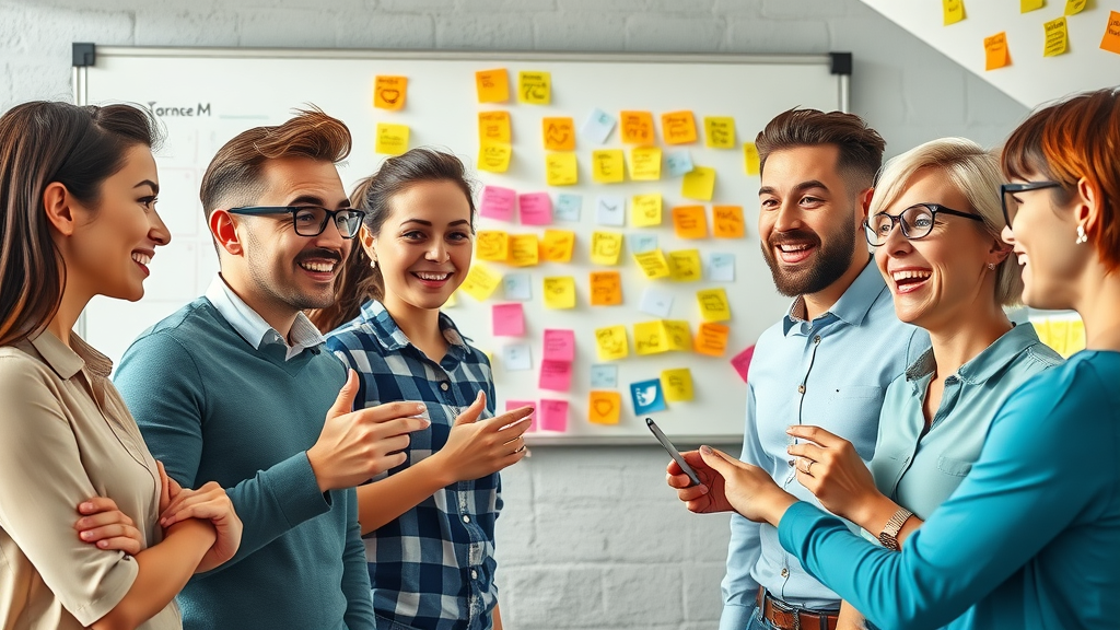 Motivated marketing team brainstorming Facebook ad engagement ideas