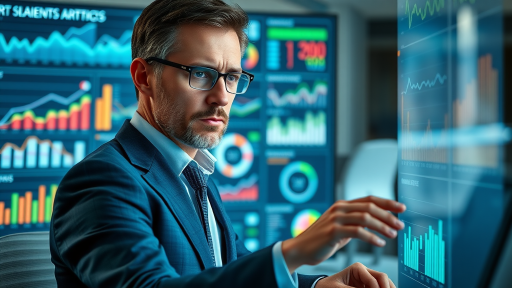 Analyst evaluating brand recognition online metrics dashboard for measuring brand awareness and recall