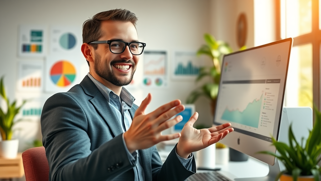 Small business owner using AI analytics dashboard to grow business