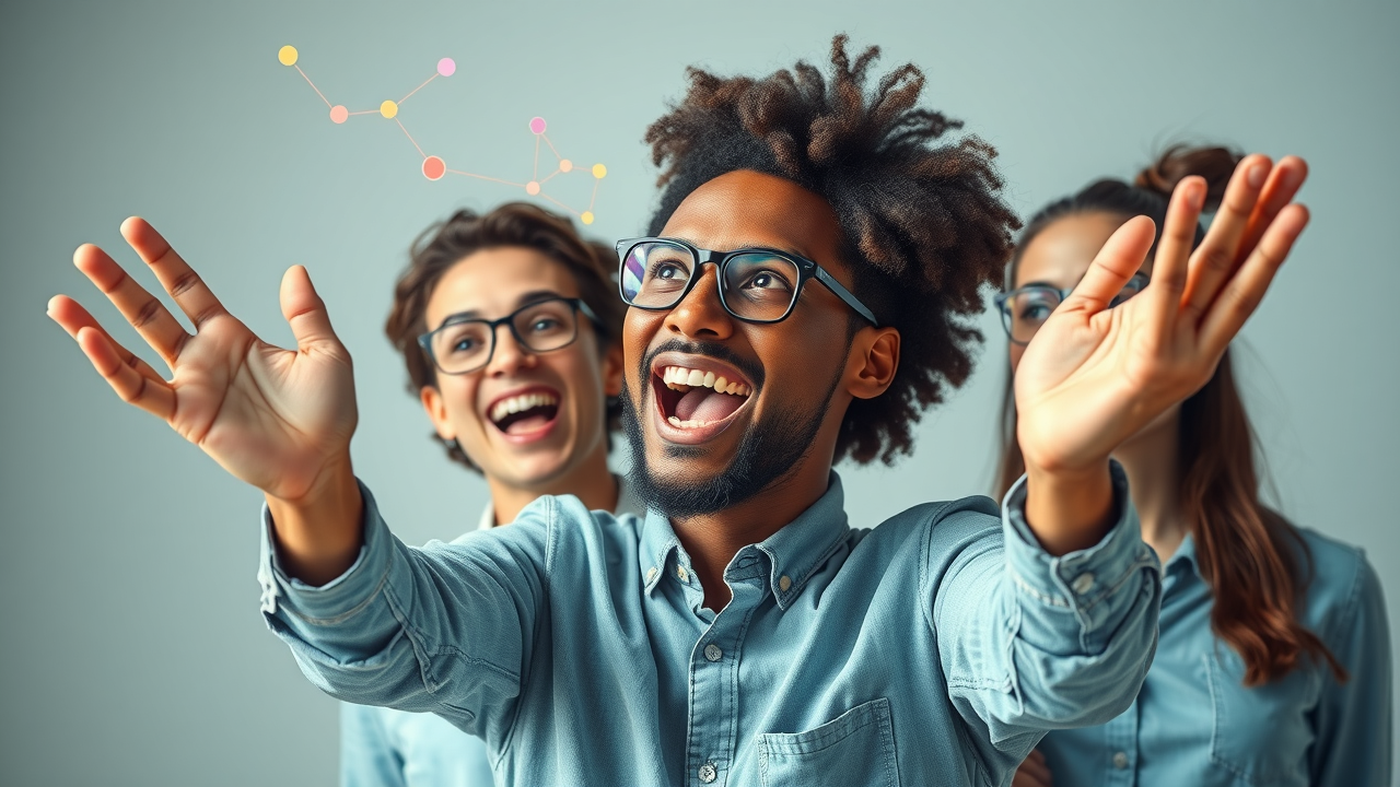 creative social media influencer brainstorming innovative ideas with vibrant icons and trend graphs