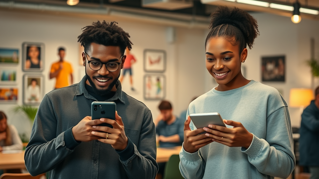 Young diverse creators engaging with smartphones in creative coworking space, exemplifying new creators going viral without large followers