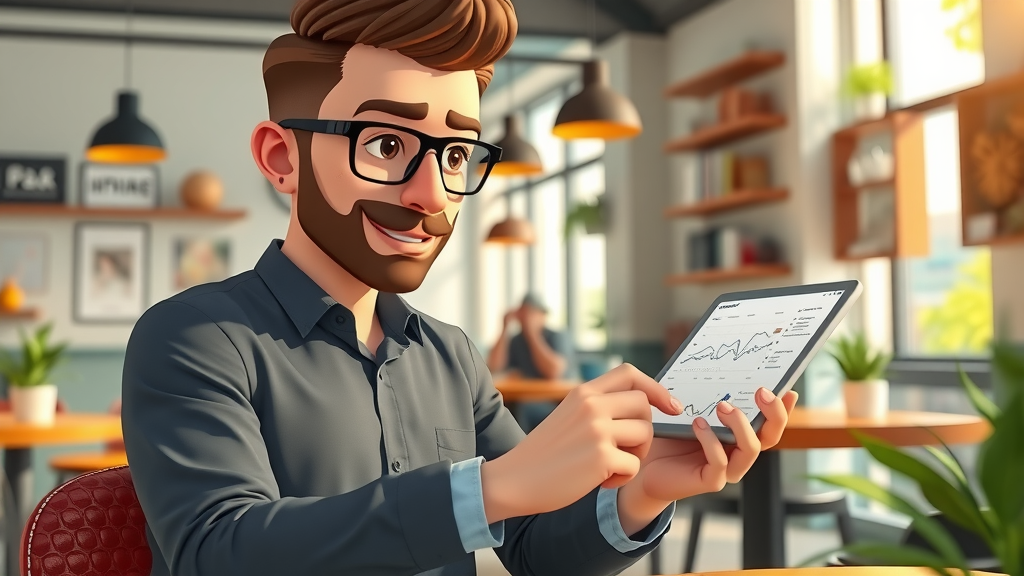Paid ad creative strategy analysis by business owner reviewing campaign data tablet