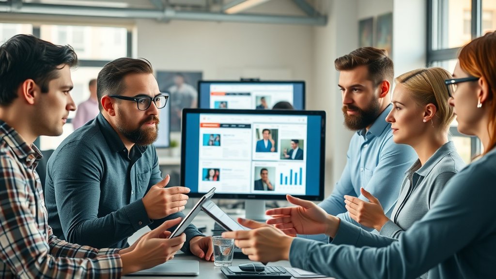 Marketing team analyzing ad analytics and testimonials to create proof in advertising