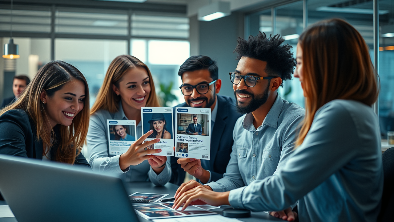 Innovative ad creative process with multiple ad variations in digital marketing team brainstorming