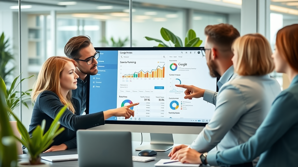 Dynamic modern business team collaborating around a computer displaying a Google Search ranking dashboard for how to rank on Google