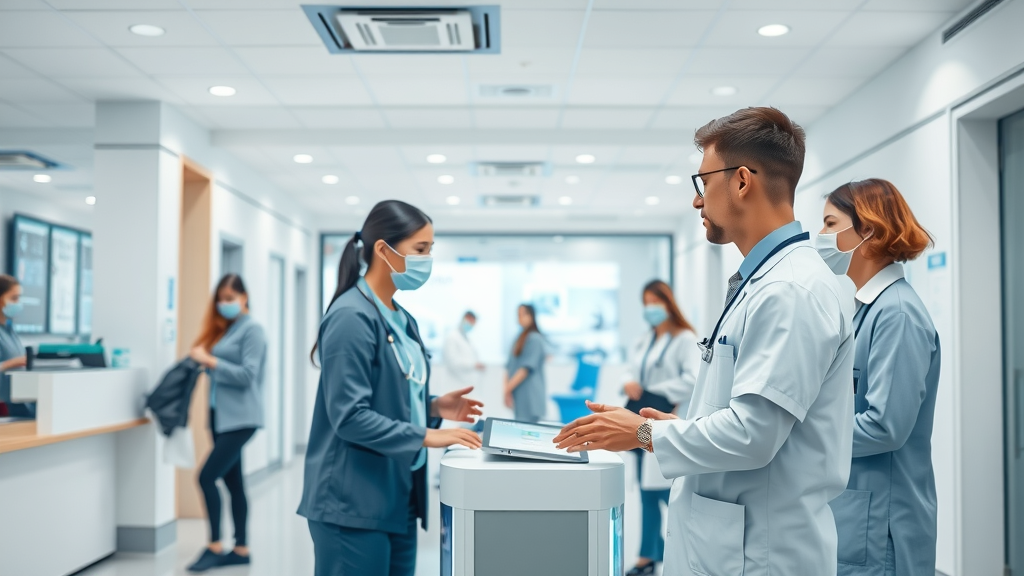 AI kiosk assisting patient at modern medical clinic reception. Theme: ai agent, healthcare automation, customer experience.