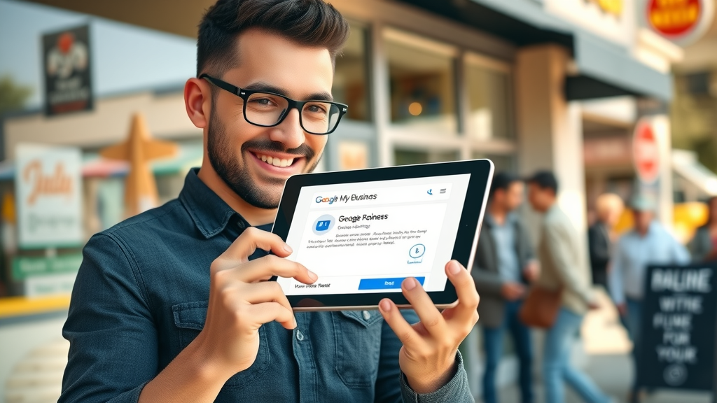 Cheerful small business owner updating Google My Business listing for higher local SEO ranking