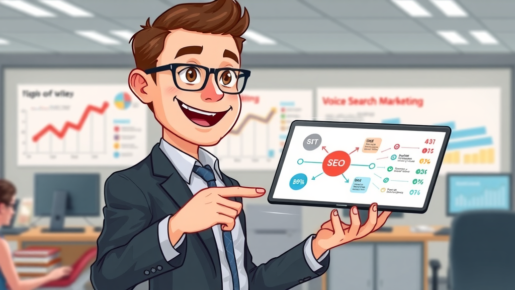 Professional marketer explaining voice search optimization flowchart, interacting with a digital tablet showing SEO strategy charts.
