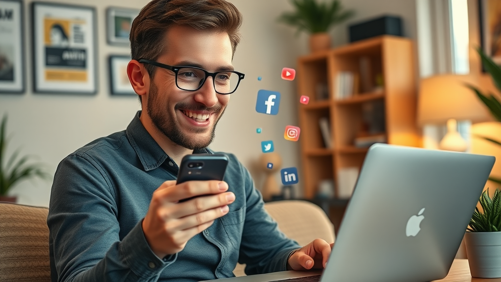Social media marketer promoting viral content strategically