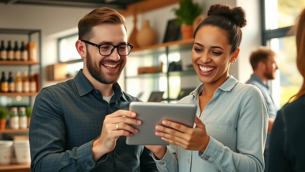 Social proof in ads: Happy small business owners noticing increased social proof on tablet in shop environment