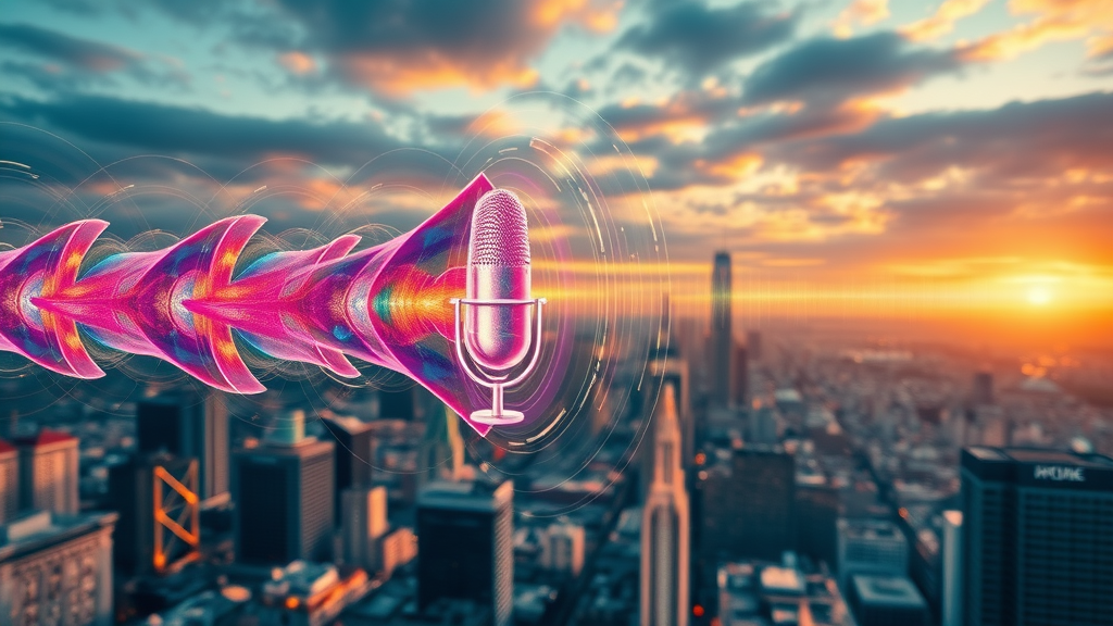 AI voice search technology evolving over time, digitally depicted as soundwaves morphing into a futuristic cityscape.