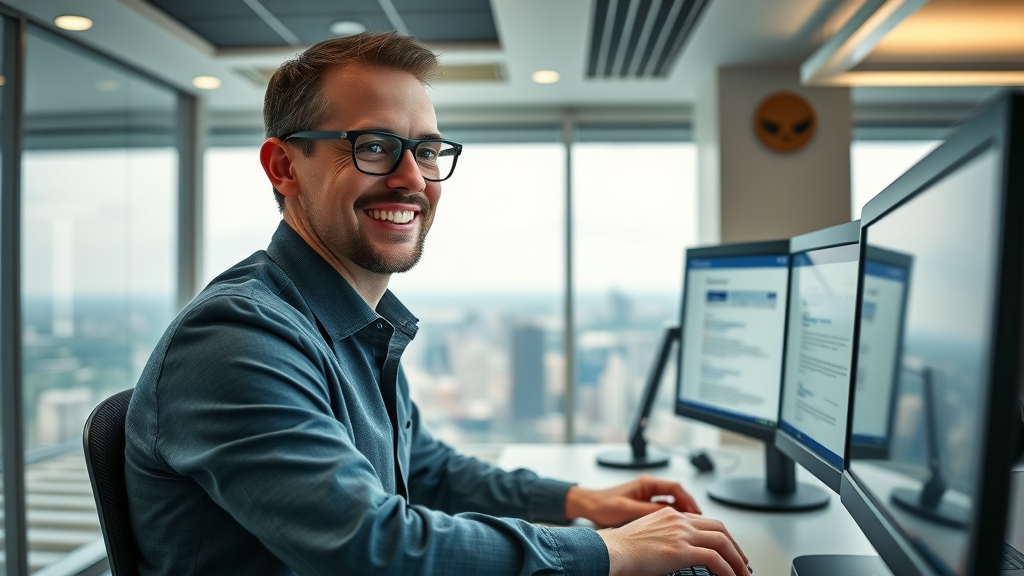 SEO specialist working on desktop showing featured snippet results, in a high-rise office with skyline view.