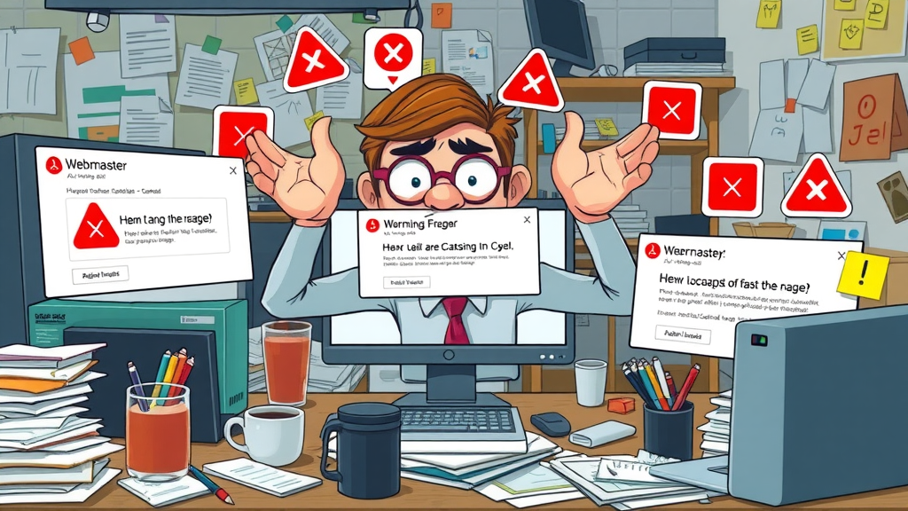 Overwhelmed webmaster confronting SEO errors and warning pop-ups affecting Google ranking
