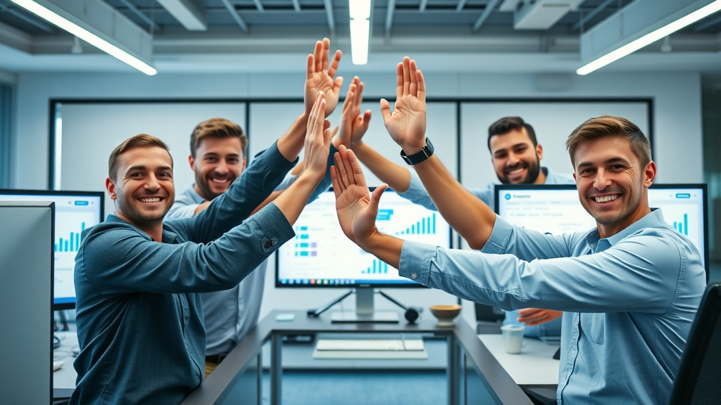 successful small business team celebrating positive online growth metrics, facebook ad dashboards in office, facebook ads for small businesses