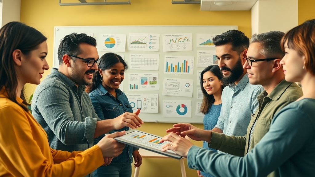 Marketing team collaborating to create multimedia content for brand authority AI search
