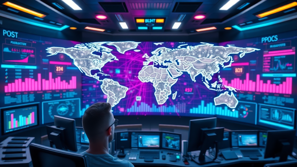 Global digital content explosion illustrated with billions of posts in futuristic control room, illustrating the vast opportunities for going viral without followers