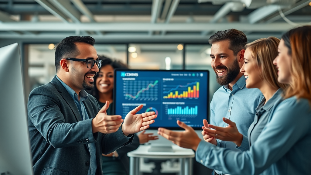 Small business team collaborating on AI business strategy