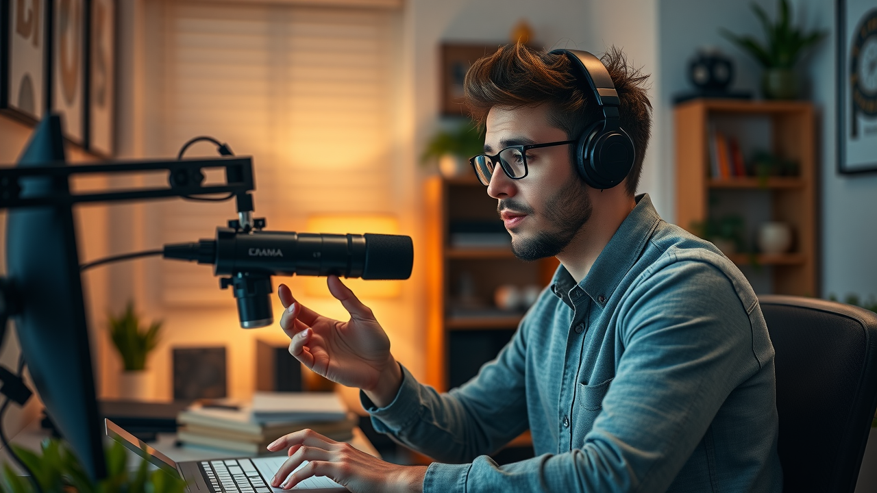 Content creator building brand through podcasting and video marketing