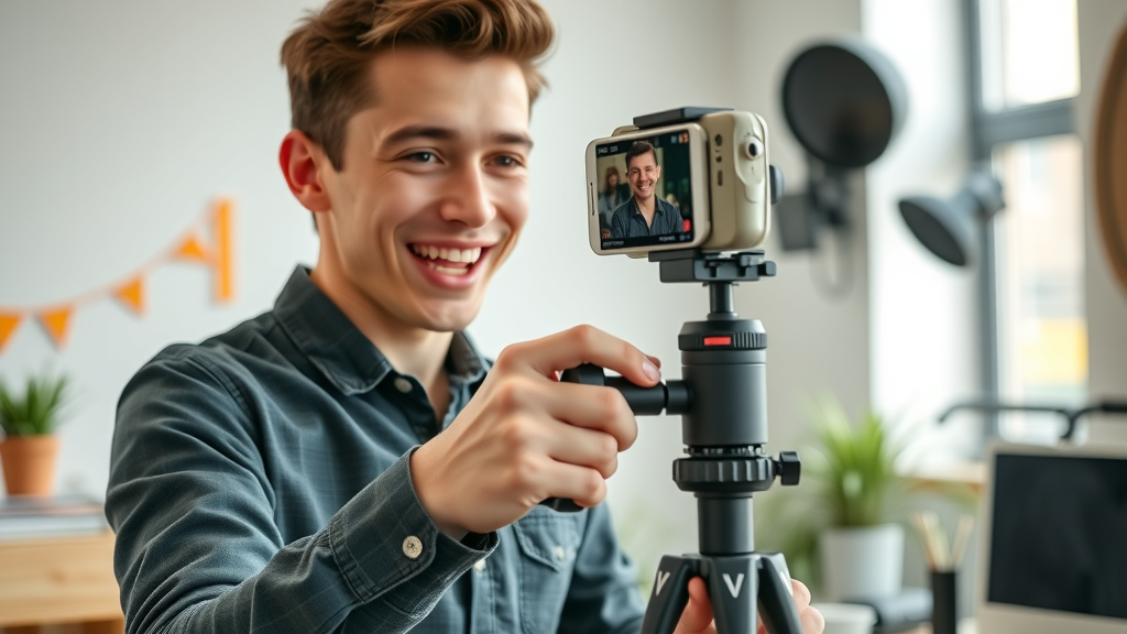 Videographer adjusting camera for high-impact short-form video creation with smartphone and tripod