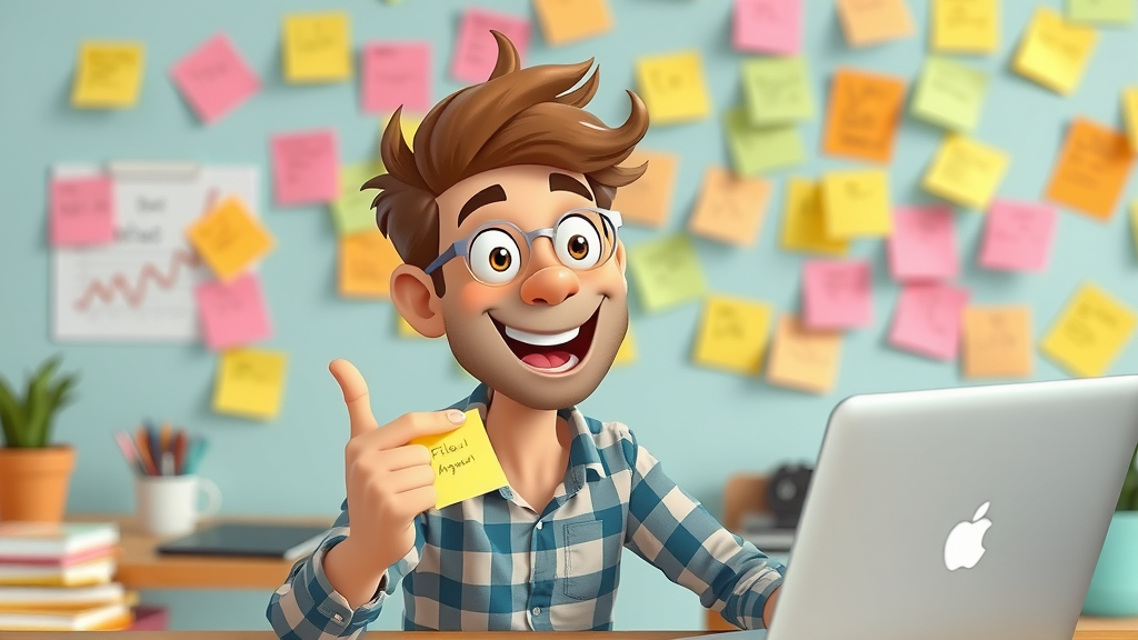 Creative influencer brainstorming new, original video ideas with sticky notes, illustrating the need to create fresh engaging viral content