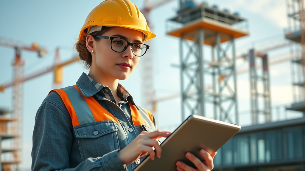 Focused female general contractor using digital tablet