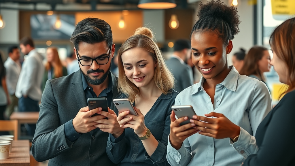 Engaged digital consumers reading testimonials on smartphones as social proof Meta ads attract attention