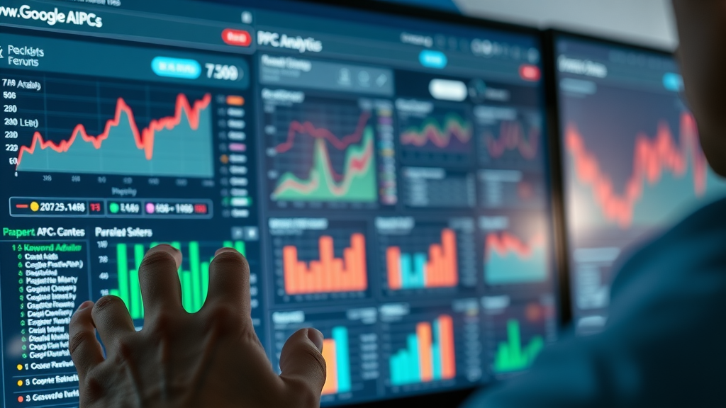 Web analytics dashboard showing Google Adwords PPC data with Google Ads charts and search terms reports