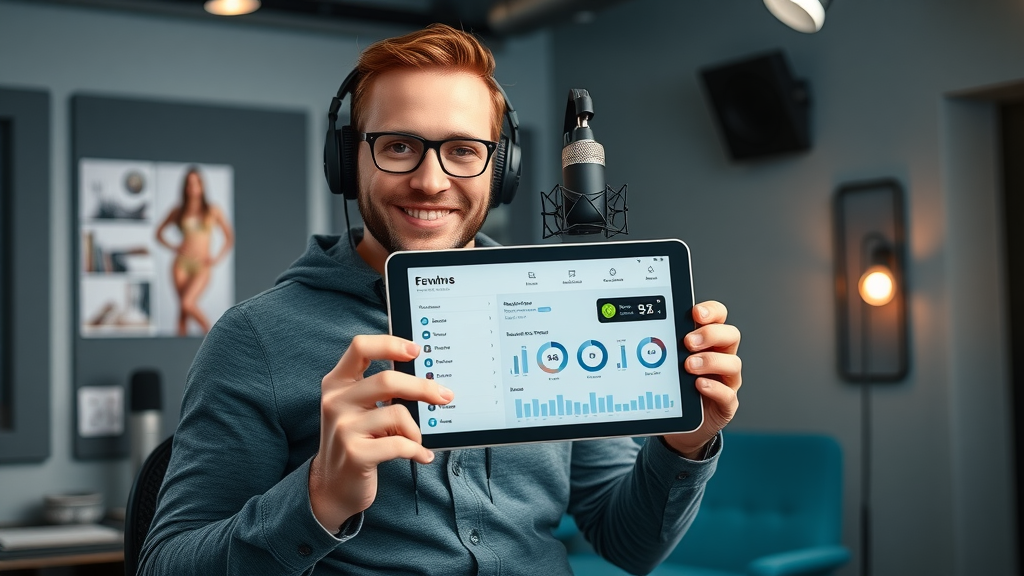 Starting a podcast 2025 - confident host showing revenue dashboard in contemporary podcast studio
