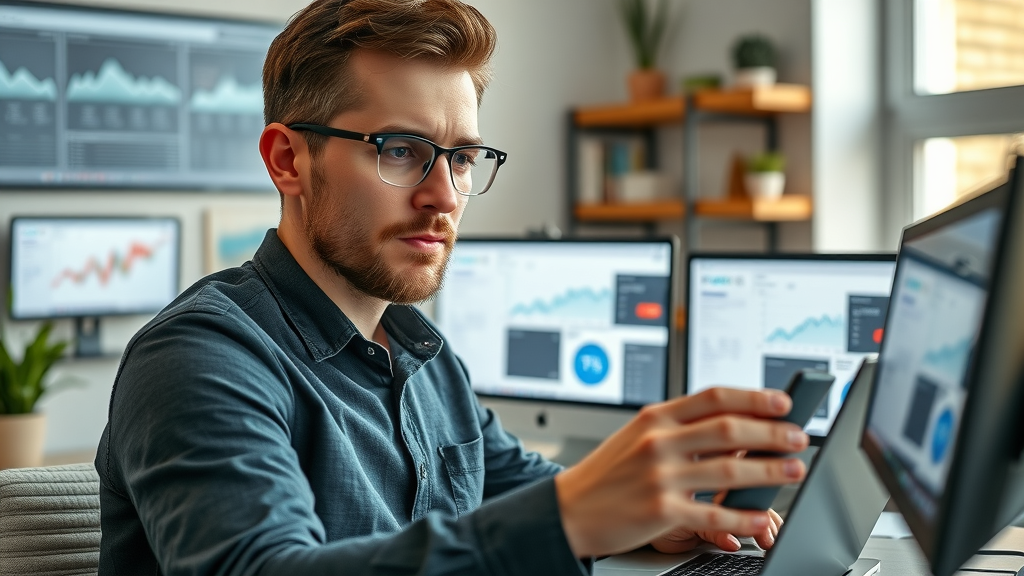 Dynamic content creator researching trends with multiple devices for content creation 2025