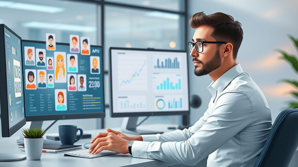 Manager using AI sentiment analysis tools to enhance customer experience with emotion data visualization in a modern workspace.