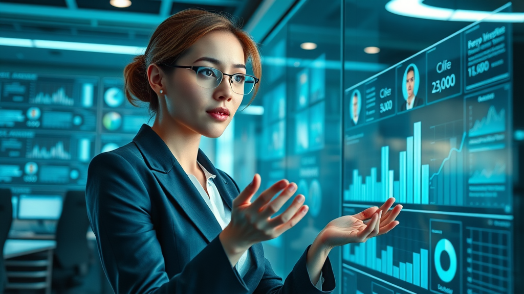 Businesswoman analyzing predictive client analytics using AI tools in a futuristic office.