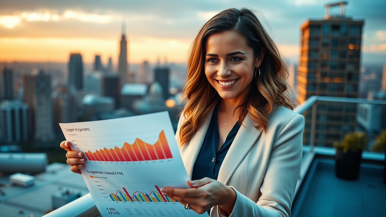 Successful businesswoman analyzing campaign success metrics improved by social proof Meta ads