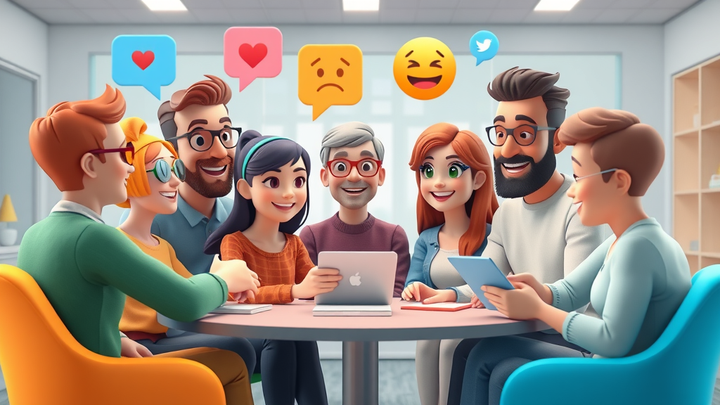 Vibrant digital micro-community group interacting in a virtual forum, collaborating and sharing trends - social search