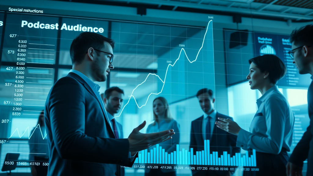 Podcasting traffic channel growth shown on an expansive digital graph with business professionals analyzing data