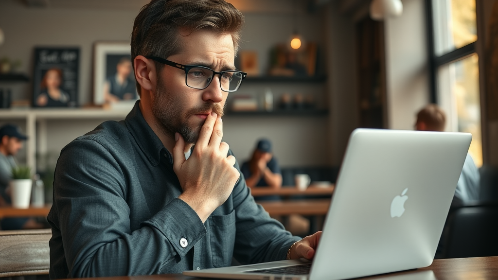small business owner contemplating low performing facebook ad results on laptop in coffee shop