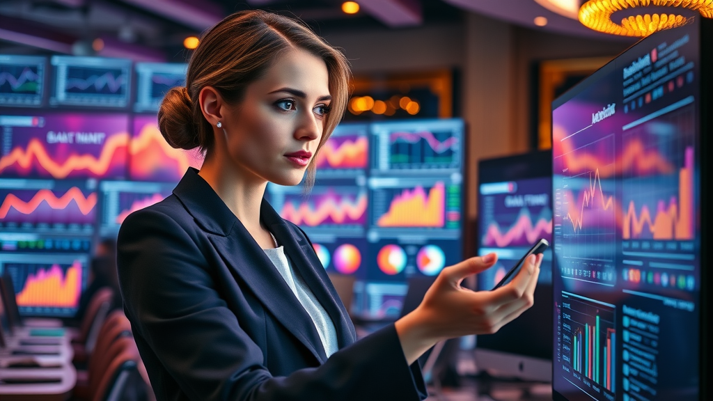 businesswoman reviewing lead generation analytics charts on a touchscreen for business success