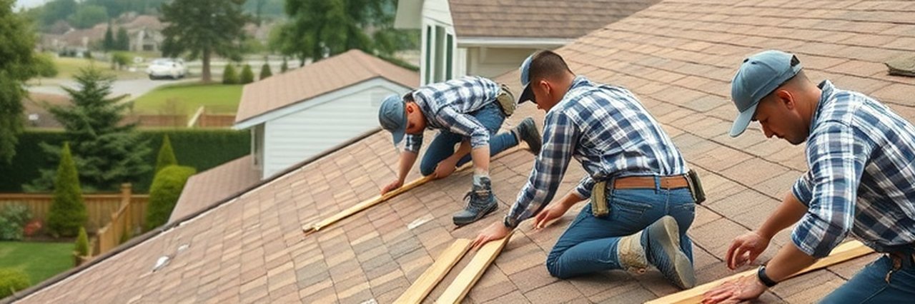 Professional roofers installing new shingles on suburban home roof.