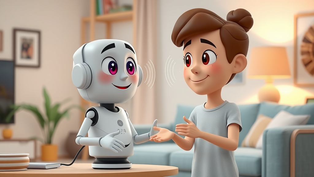 Helpful digital assistant responding instantly to user question via smart home device, animated voice waveforms showing interaction.