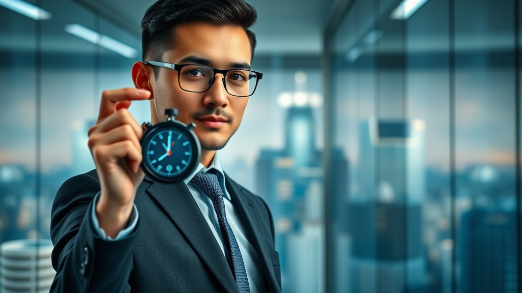 Business professional highlighting short-form video attributes for digital marketing with stopwatch and smartphone