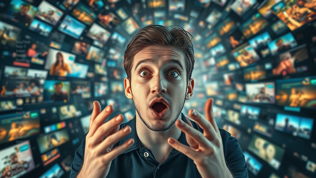 Person amazed by overwhelming digital content symbolizing content creation 2025 explosion