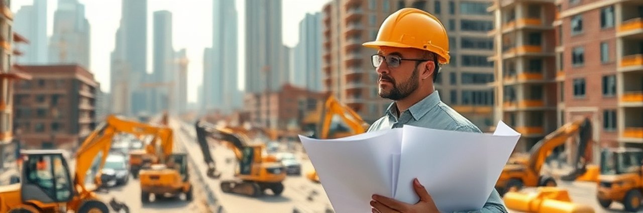 Professional general contractor with blueprints on construction site